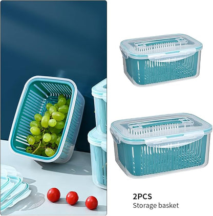 2 Pack Fruit Storage Containers for Fridge,Stackable Fresh Food Produce Saver Containers with Removable Colander, Vegetable Lettuce Keeper Bowl(Blue)
