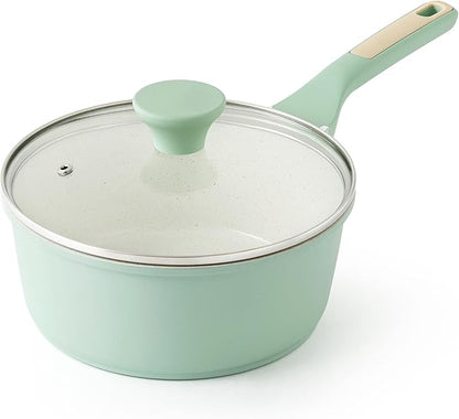 SENSARTE White Ceramic Nonstick Saucepan with Lid 2.5 Quarts, Medium Cooking Pot with Stay Cool Handle, Induction Compatible Saucepot, White Granite Coating, Free of Intentionally Added PTFE/PFOA/PFAS