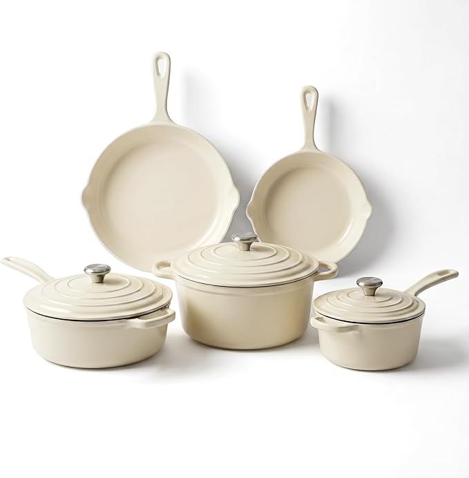 QuliMetal Nonstick Enameled Cast Iron Cookware Set, 5-Piece Pots and Pans Set with Lids, Skillet, Frying Pan, Saucepan & Dutch Oven for All Stovetops, PFOA Free, Ideal for Sourdough Bread Baking