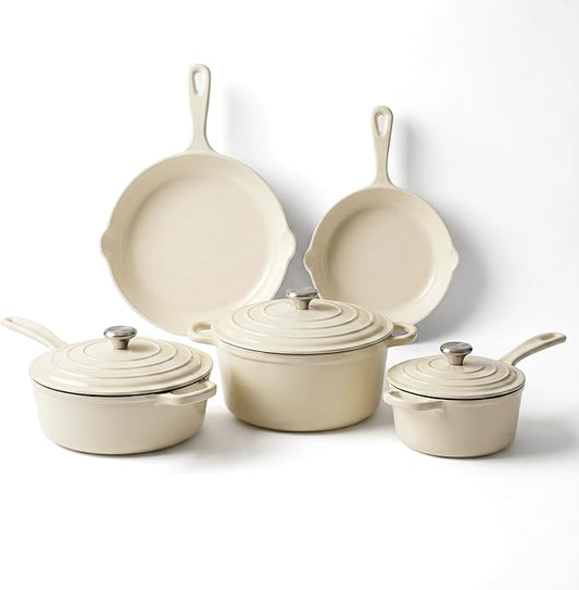 QuliMetal Nonstick Enameled Cast Iron Cookware Set, 5-Piece Pots and Pans Set with Lids, Skillet, Frying Pan, Saucepan & Dutch Oven for All Stovetops, PFOA Free, Ideal for Sourdough Bread Baking