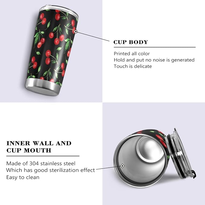 Tumbler Summer Vivid Cherry Leaf Insulated Office Coffee Cup Back to School Beverage Container Travel Mug with Straw and Lid Double Wall Stainless Steel 20oz