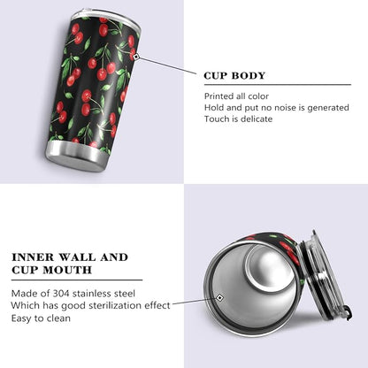 Tumbler Summer Vivid Cherry Leaf Insulated Office Coffee Cup Back to School Beverage Container Travel Mug with Straw and Lid Double Wall Stainless Steel 20oz