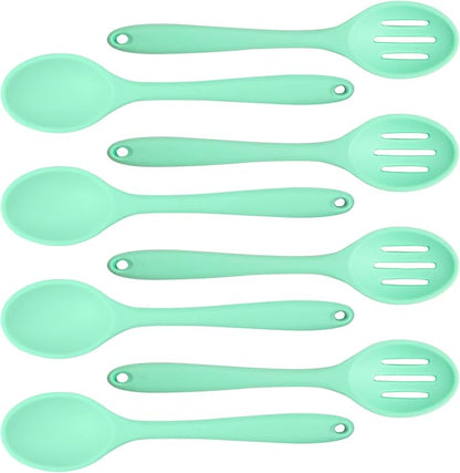 8 Pcs Heat Resistant Non Stick Silicone Serving Spoons Set -Ideal for Cooking, Baking, Mixing, Stirring Includes Slotted & Solid Spoons, Design for Nonstick Cookware (Green)