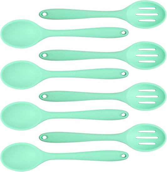 8 Pcs Heat Resistant Non Stick Silicone Serving Spoons Set -Ideal for Cooking, Baking, Mixing, Stirring Includes Slotted & Solid Spoons, Design for Nonstick Cookware (Green)