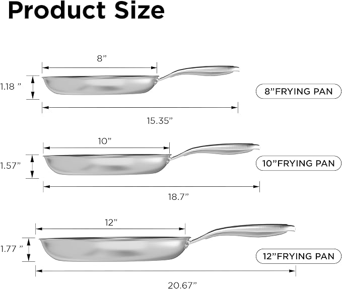 COOKER KING Stainless Steel Pans Set of 3 (8+10+12 Inch), Nonstick Induction Frying Pans,Chef's Pan,Skillets Dishwasher & Oven Safe, Stay-Cool Handles,Induction Compatible – Metal Utensil Safe