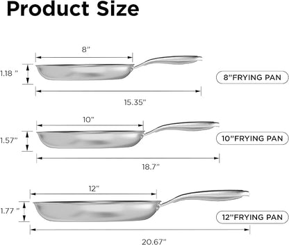 COOKER KING Stainless Steel Pans Set of 3 (8+10+12 Inch), Nonstick Induction Frying Pans,Chef's Pan,Skillets Dishwasher & Oven Safe, Stay-Cool Handles,Induction Compatible – Metal Utensil Safe