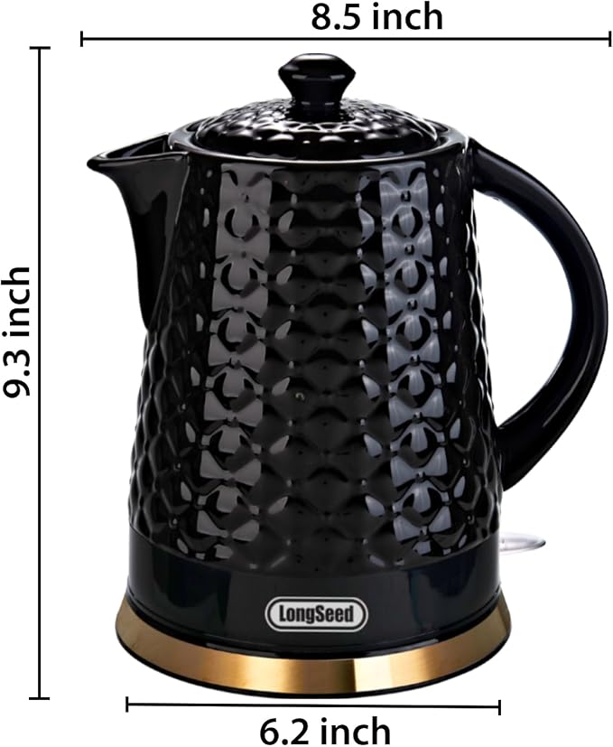 Ceramic Electric Kettle, 1.5L/1200W Boil Water Quickly and Easily with Boil-Dry Protection Auto Shut Off, Detachable Swivel Base, Black Relief Carving