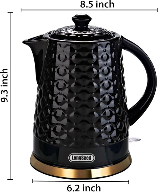 Ceramic Electric Kettle, 1.5L/1200W Boil Water Quickly and Easily with Boil-Dry Protection Auto Shut Off, Detachable Swivel Base, Black Relief Carving