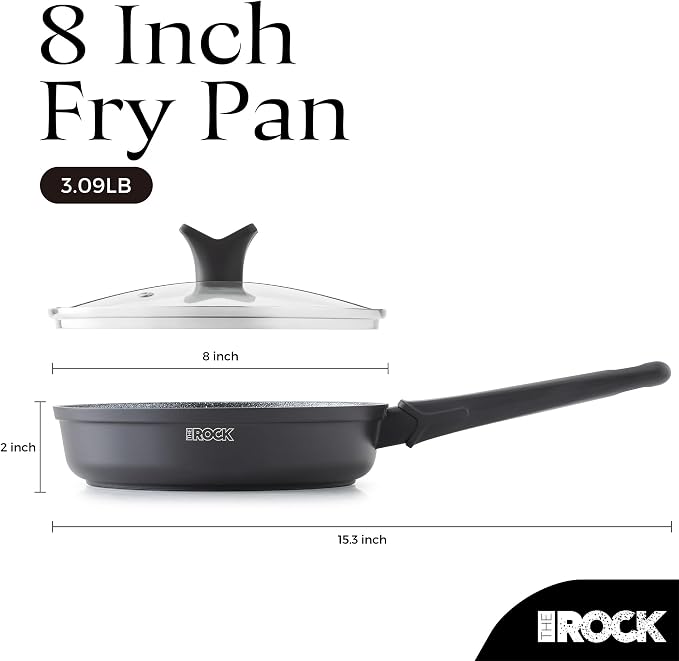 THE ROCK SOHO 8-Inch Non Stick Frying Pan with Lid – Nothing Sticks, Never Warps, Lasts Longer, Healthy Skillet with Heat-Resistant Handle, PFOA Free, Dishwasher Safe, Black