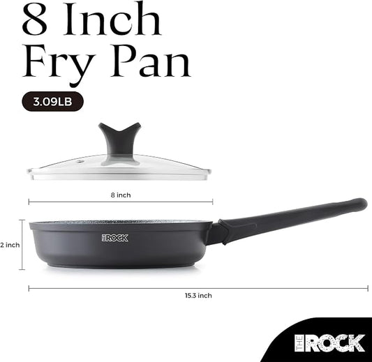 THE ROCK SOHO 8-Inch Non Stick Frying Pan with Lid – Nothing Sticks, Never Warps, Lasts Longer, Healthy Skillet with Heat-Resistant Handle, PFOA Free, Dishwasher Safe, Black