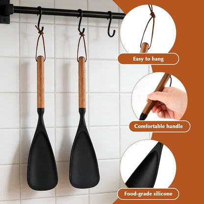 2 Pack Cedar and Ash Spoonula with 2 Spoon Pad, Multifunction Spatula Cooking Spoon, Non stick Flat Serving Spoons, Scraping & Serving Heat-Resistant Spatula