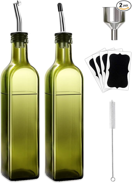 Leaflai 2 Pcs Green Glass Olive Oil Dispenser and Vinegar Dispenser Set with 2 Stainless Steel Pourers, 4 Labels, 1 Brush, 1 Funnel (500ml) for Kitchen, Cooking, Salad Dressing, Barbecue, Mixing