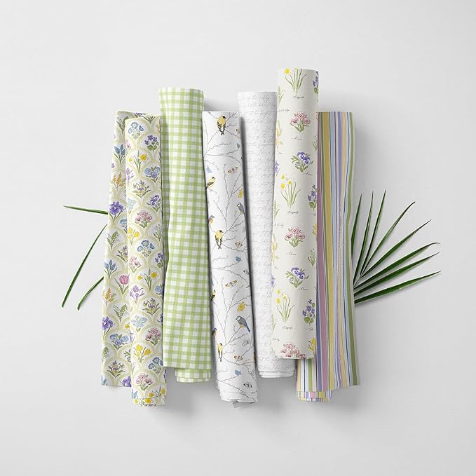Patchwork Fabric Panel 100x155 cm, 100% Cotton Satin, 6 Coordinated Spring Floral & Bird Patterns, Soft Green Pastel Quilting & Sewing Fabric (Spring Garden, 6pcs 50x50cm)