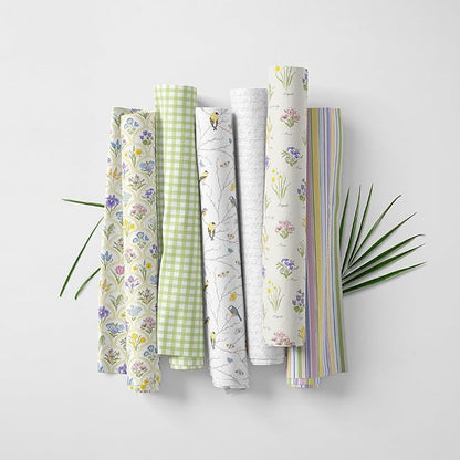 Patchwork Fabric Panel 100x155 cm, 100% Cotton Satin, 6 Coordinated Spring Floral & Bird Patterns, Soft Green Pastel Quilting & Sewing Fabric (Spring Garden, 6pcs 50x50cm)