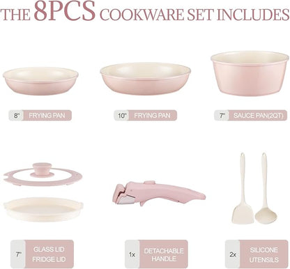 Ceramic Cookware Set Non Stick 8Pcs Pots and Pans Set Detachable Handle Induction Kitchen Cooking Set with Frying Pans Oven Dishwasher Safe, PFAS/PFOA Free, Pink