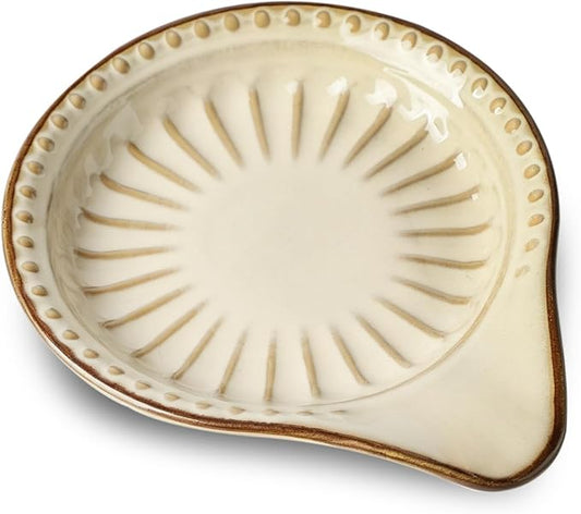 Spoon Rest for Stove Top, Ceramic Spoon Holder for Kitchen Counter, 5.1 Inch Heat-Resistant Cooking Utensil Rest for Coffee Spoon Dish & Spatula Tray, Dishwasher Safe, Beige