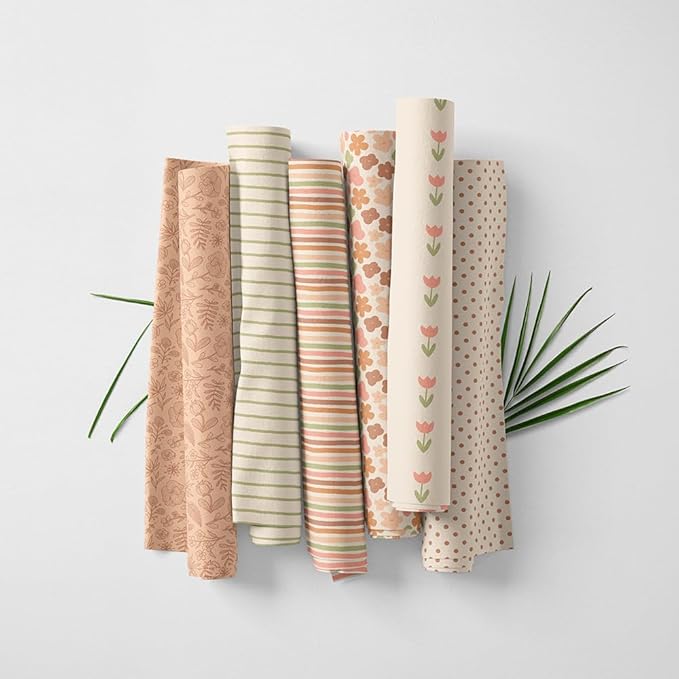 Pastel Patchwork Fabric Panel 100x155 cm – 100% Cotton Satin, 6 Coordinated Floral, Stripe & Dot Prints on One Continuous Sheet for Quilting, Sewing & DIY Crafts (Vintage Soft Mix, 6pcs 50x50cm)
