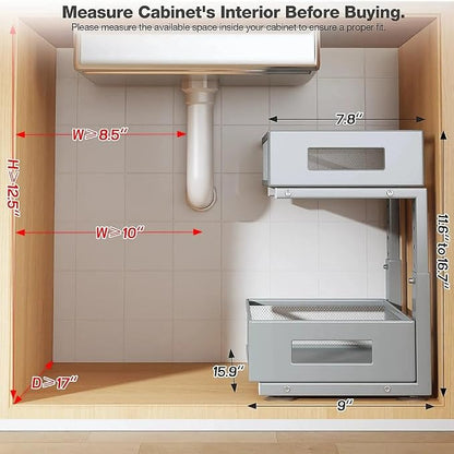 Under Sink Organizer,2-Tier Dual Pull Out Cabinet Organizer Drawers With Smooth Circular Rail,Large Capacity Metal Mesh Sliding Shelves For Bathroom& Kitchen Storage,Height Adjustable–Gun Gray,2 Packs