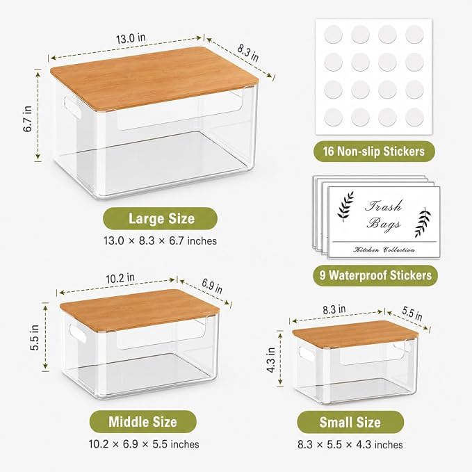 3 Pack Pantry Organizers and Storage Bins with Bamboo Lids,Trash Bag Holder | Stackable Containers for Potato,Onion,Fruit,Vegetable,Clear Dispenser for Kitchen Countertop,Cabinet and Under Sink