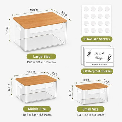 3 Pack Pantry Organizers and Storage Bins with Bamboo Lids,Trash Bag Holder | Stackable Containers for Potato,Onion,Fruit,Vegetable,Clear Dispenser for Kitchen Countertop,Cabinet and Under Sink