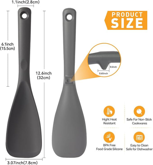 12.6" Extra Long Silicone Spatula Spoon for Nonstick Cookware, Seamless One-Piece Design Cooking Spoon with Built-in Tool Rest for Mixing, Scoop and Scrape, Dishwasher Safe, 2 Pack, Gray