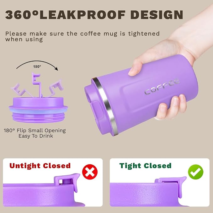 SPLMIFA Travel coffee mugs leak-proof, reusable coffee cup with lid, stainless steel vacuum insulated coffee tumblers, thermal insulation cups for men & women keep drinks hot & cold (2nd-Purple, 12OZ)