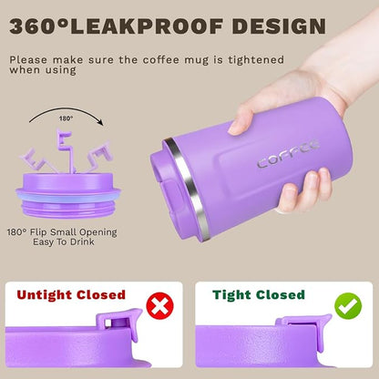SPLMIFA Travel coffee mugs leak-proof, reusable coffee cup with lid, stainless steel vacuum insulated coffee tumblers, thermal insulation cups for men & women keep drinks hot & cold (2nd-Purple, 12OZ)