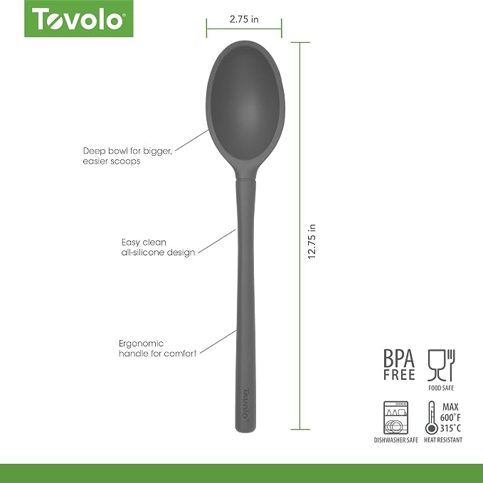 Tovolo Flex Core Silicone Deep Spoon for Cooking Mixing Baking Serving, Dishwasher Safe BPA Free All Silicone Kitchen Mini Spoon Heat Resistant Nonstick Safe Serving Spoon, Charcoal Gray