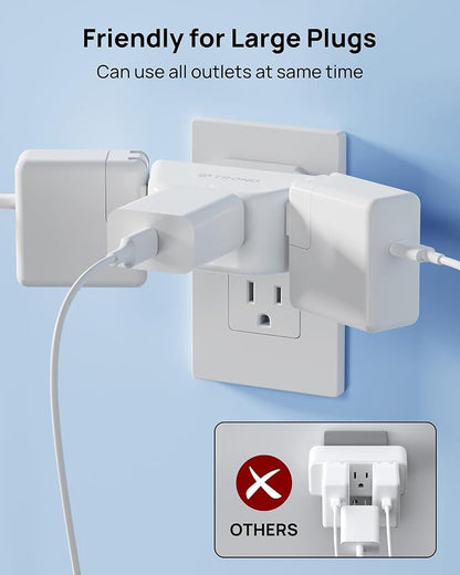 TROND 360 Rotating Plug Outlet Extender 2 Pack, 3 Way Angled Wall Outlet Adapter, Small Multiple Plug Splitter for Bathroom Kitchen Cruise Ship Travel Essentials, White
