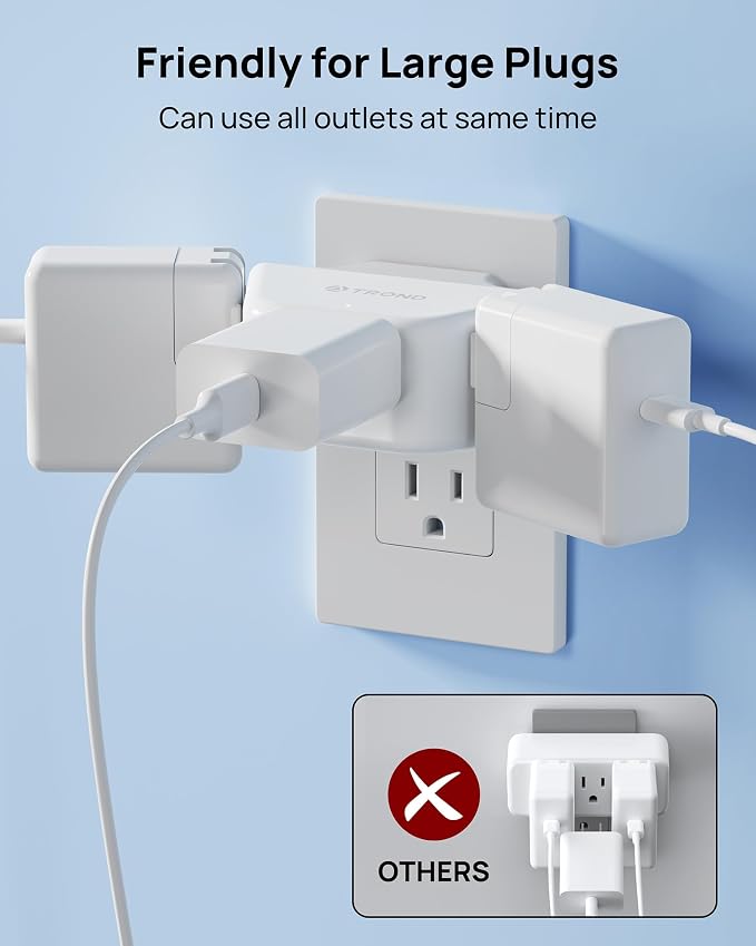 TROND Outlet Extender with 360 Rotating Plug, Outlet Adapter with 3 Grounded Sockets, 3 Way Angled Multi Plug Expander, Cruise Essentials, Easy to Pack for Travel Bathroom Kitchen, White