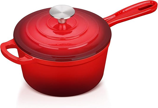 E-far Enameled Cast Iron Sauce Pan, 3 Quart Dutch Oven Saucepan with Lid, Small Sauce Pot for Cooking, Boiling, Healthy & Non Toxic, Induction & Oven Safe, Red