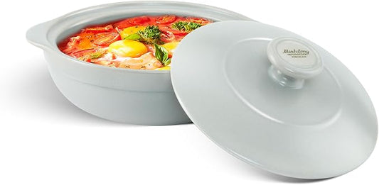 MINH LONG 1-Qt Porcelain Dutch Oven with Lid – Lead & Cadmium Free, Oven Safe to 482°F, Heat Retention, Clay Pot for Cooking on Gas & Infrared Cooktop, Use to Marinate, Cook, Bake, Refrigerate & Serve