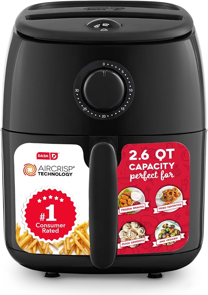 Dash Tasti-Crisp™ Air Fryer - AirCrisp® Technology - Compact Design with Adjustable Temperature Control - Nonstick Fry Basket & Auto Shut-Off Feature - 2.6 Quarts - Black