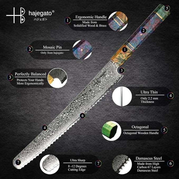 Damascus Chefs Knife Bread Slicer Unique One of Kind Handle Professional 10 Inch Japanese Chefs Kitchen Knife Vg10 67 Layers Damascus Steel Knive - Part of Chef Knife Set