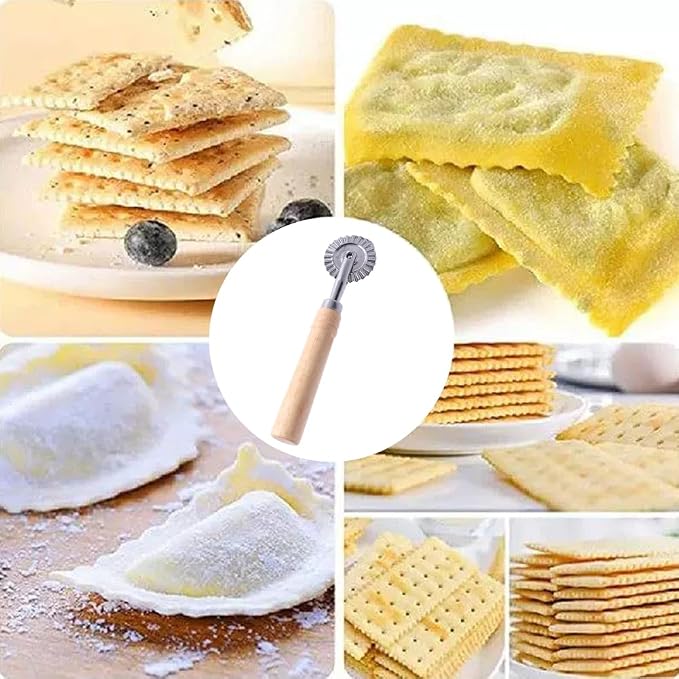 Fluted Pastry Cutter Wheel with Wooden Handle,Food-Grade Zinc Alloy Ravioli Dough Cutter, Ergonomic Roller Cutter for Pizza, Dumpling, Pasta, Pie Crust Home Baking