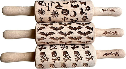 HALLOWEEN 3 Mini Embossed Rolling Pin Set. Wooden Laser Engraved Textured rolling pins for Cookies, Modeline, Ceramic with Skulls, Bats, Halloween by Algis Crafts