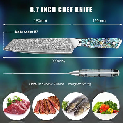 Home Safety Damascus Kiritsuke Knife with Sharp 20cm Blade Made of 67 Layers of VG-10 Damascus Steel Kitchen Knifves Damascus Carving Knife, Abalone Shell Handle, Gift Box