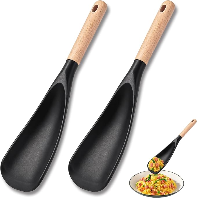 Silicone Cooking Spoon for Nonstick Cookware, 2-Pack Wooden Handle Spatula Spoon for Mixing, Scooping, Scraping and Serving, Safe for Pots Pans Skillets
