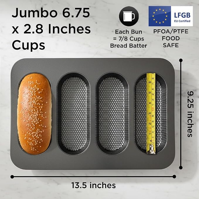 Wrenbury Perforated Hot Dog Bun Baking Pan - Nonstick Bread Mold | Carbon Steel for Crispy Homemade Rolls and Mini Baguettes