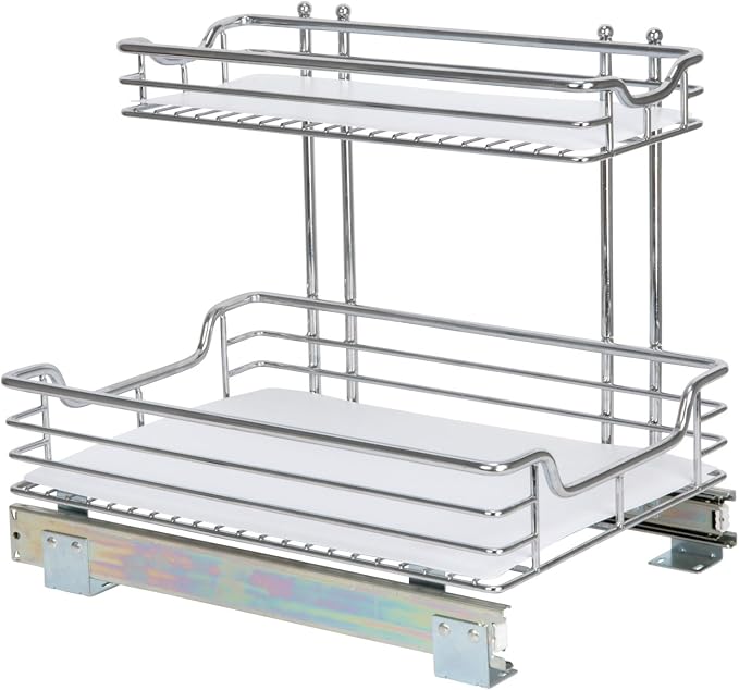Household Essentials Glidez Chrome-Plated Steel Pull-Out/Slide-Out Storage Organizer with Plastic Liners for Under Sink or Cabinet Use - 2-Tier Design - Fits Standard Size Cabinet or Shelf, Chrome