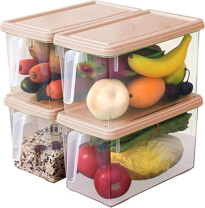 Plastic Storage Containers Square Food Storage Organizer Stackable Refrigerator Organizer Handle Kitchen Containers with Lids for Fruits Vegetables Meat Egg, 4-pack (Pink)