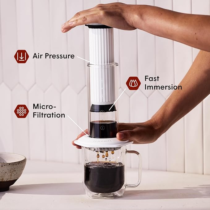 AeroPress Premium Coffee Press, Glass, Stainless Steel & Aluminum Coffee Maker, all-in-One French Press, Pour-Over & Espresso-Style manual brewer, 2 min brew for less bitterness, more flavor (White)