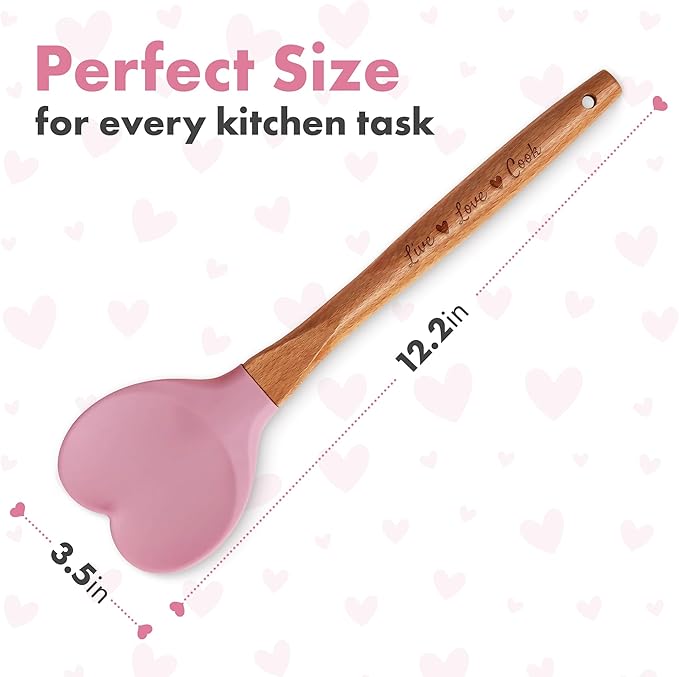 Gorgeous Heart shaped Bamboo Wooden Spoon with an engraved handle and heart shaped base hole for hanging The secret ingredient is Love The perfect addition to a kitchen (Pink Silicone)