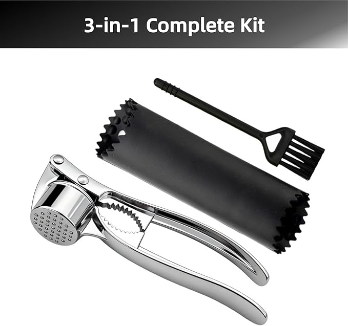 Multi-Purpose Garlic Press Nut Cracker Kitchen Tool, Large Caliber Thickened Zinc Alloy Mincer Squeezer, Precise Holes for Fine Paste, Dishwasher Safe with Peeler & Cleaning Brush (Silver - 3set)