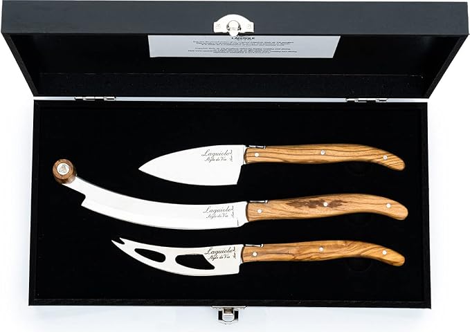 Laguiole Style De Vie Cheese Knives, Luxury Line, 3 Pieces, Olive Wood, in Giftbox