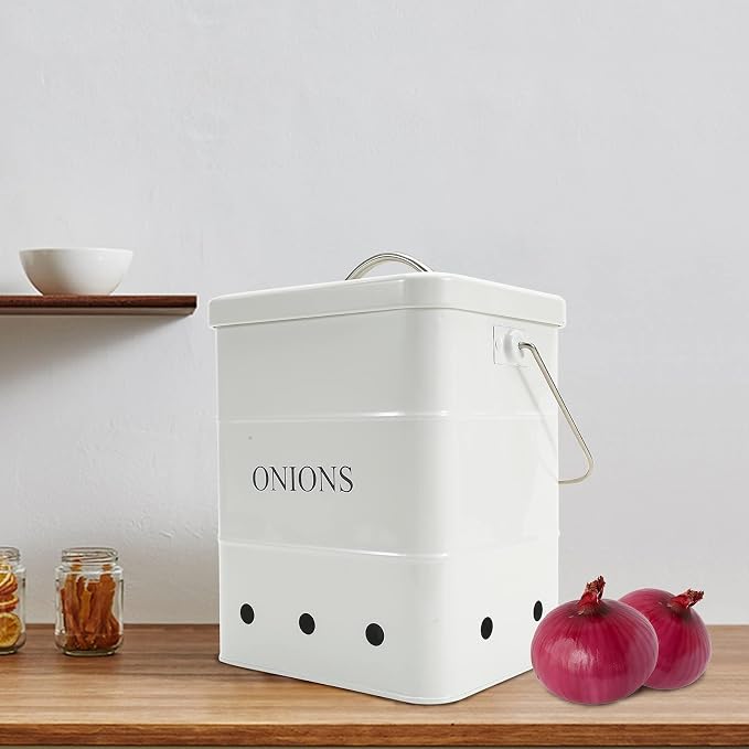 Onion Storage Bin, Metal Storage Tin with Aerating Holes - Kitchen Pantry Organizer, Fresh Keeper (White)