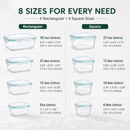 Peaktet 8 Pack Glass Food Storage Containers with Lids, Airtight Meal Prep Containers Set, Leakproof Glass Lunch Containers, BPA-Free Locking Lids, Oven Microwave Freezer Dishwasher Safe