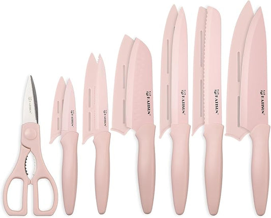 Kitchen Knife Set with Guards, 13 Piece Pink Non-Stick Boxed Knives Set, Anti-Rust and Dishwasher Safe, 6 Knives with 6 Blade Covers and Kitchen Shears