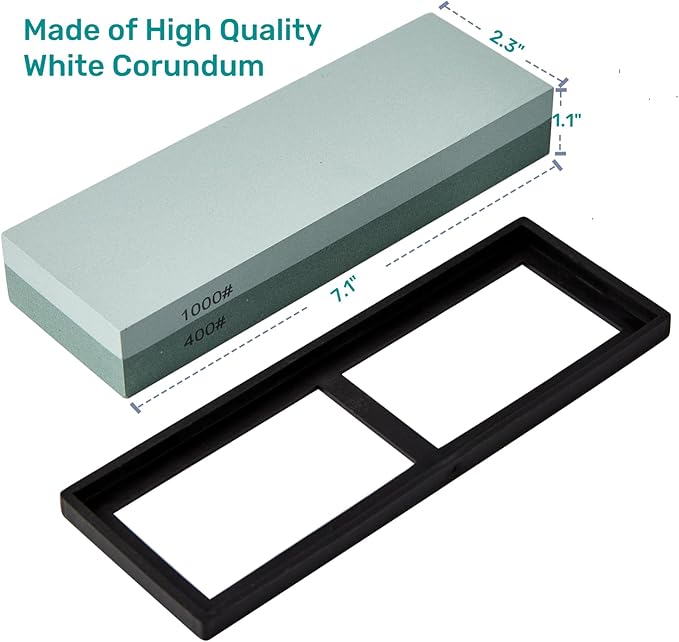HiramWare Knife Sharpening Stone with Non-slip Rubber Base, 400/1000 Grit Premium Whetstone, Double-Sided Knife Sharpener for Kitchen, Waterstone for Honing Blades Manually