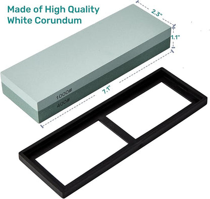 HiramWare Knife Sharpening Stone with Non-slip Rubber Base, 400/1000 Grit Premium Whetstone, Double-Sided Knife Sharpener for Kitchen, Waterstone for Honing Blades Manually